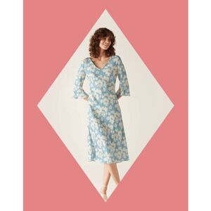 Mirla Beane Leonie Blue Floral 3/4 Sleeve Midi Dress Women's Size UK 12 US 8